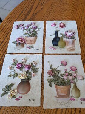 Vintage Cheri Blum 3D Wall Plaque Art Floral Roses Set Of 4